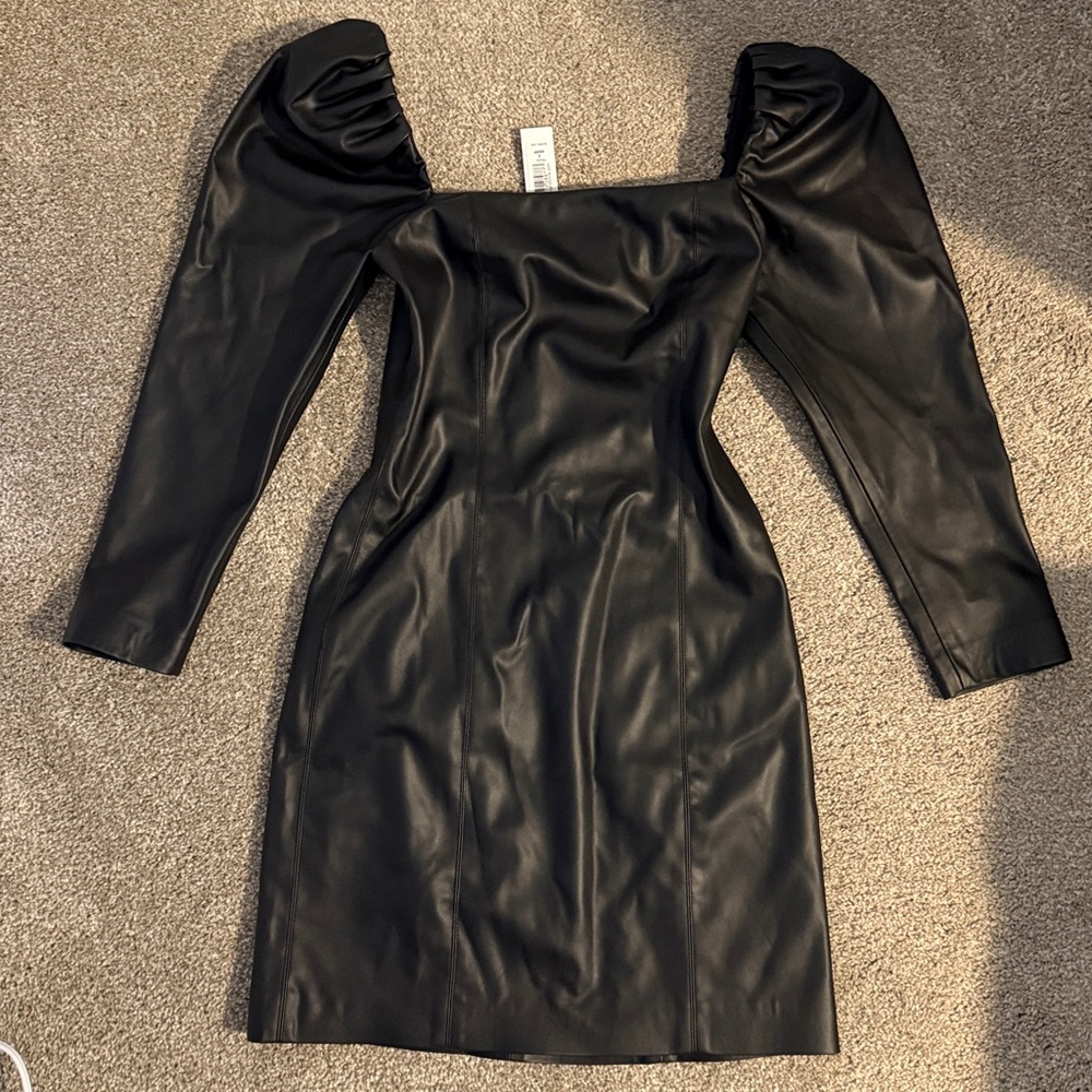 Alice + Olivia Black leather Dress with Puff Sleeves